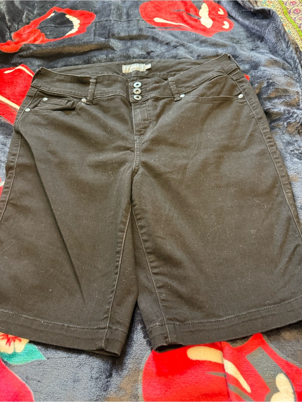 torrid Black Mid-Rise Stretch Bermuda Shorts with Triple Button Detail